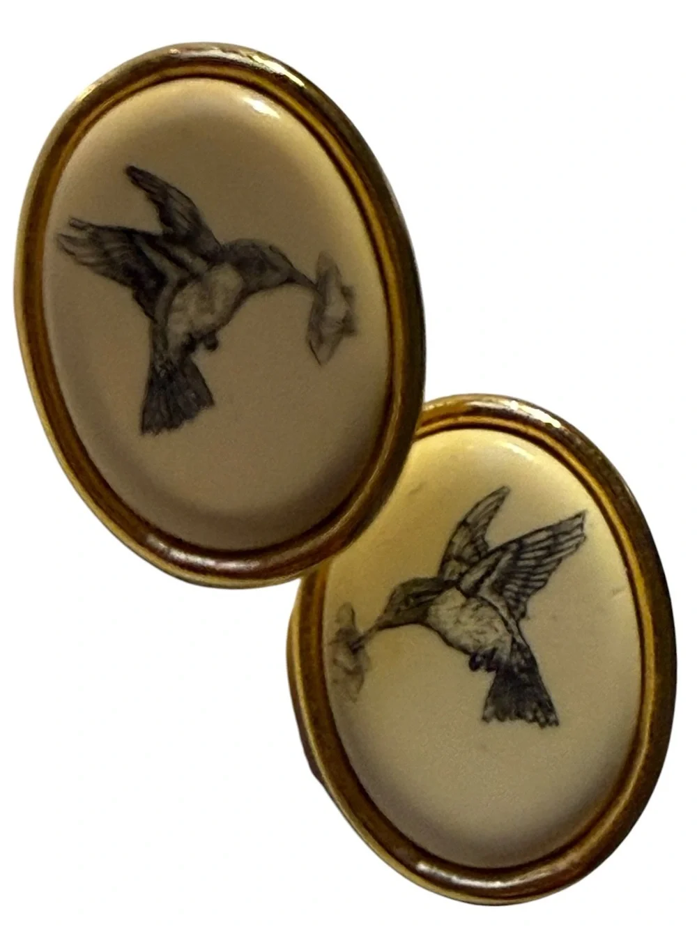 Vintage Hummingbird Oval Drop Stud Gold Earrings by Barlow